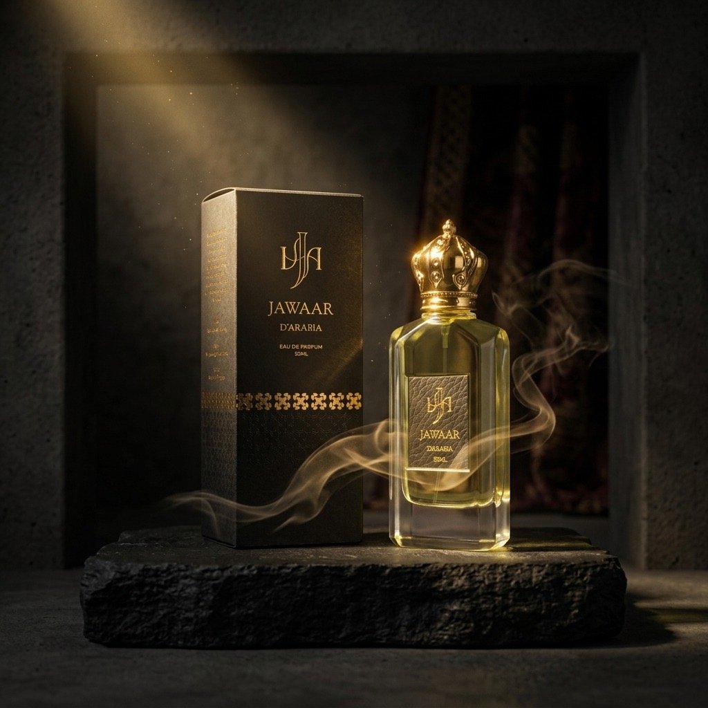 Jawaar d'Arabia on black rock with gold smoke