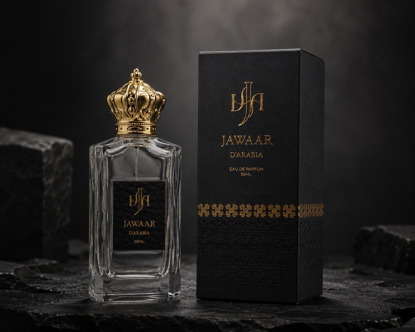 Jawaar d'Arabia bottle and packaging box on dark stone