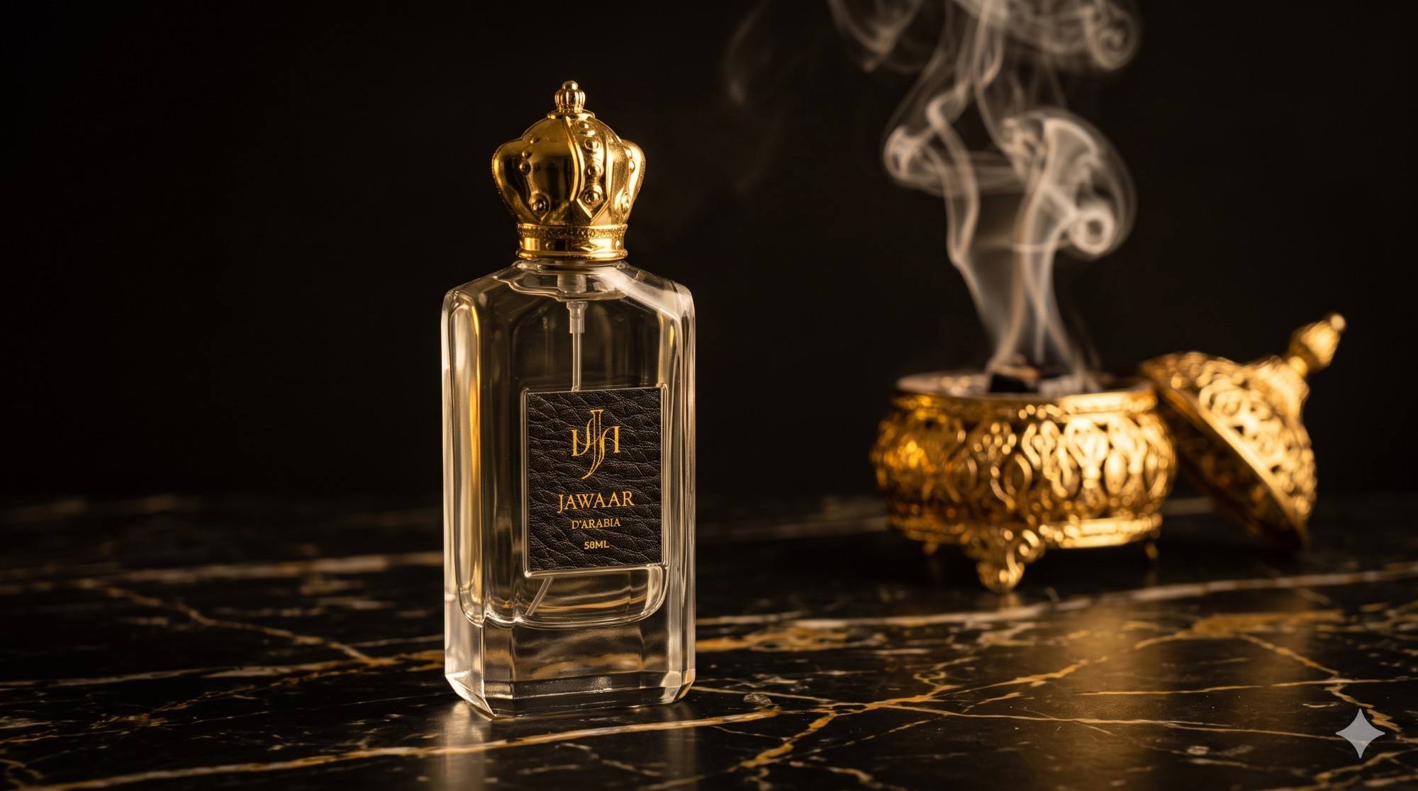 Jawaar d'Arabia bottle on black marble with gold incense burner and smoke