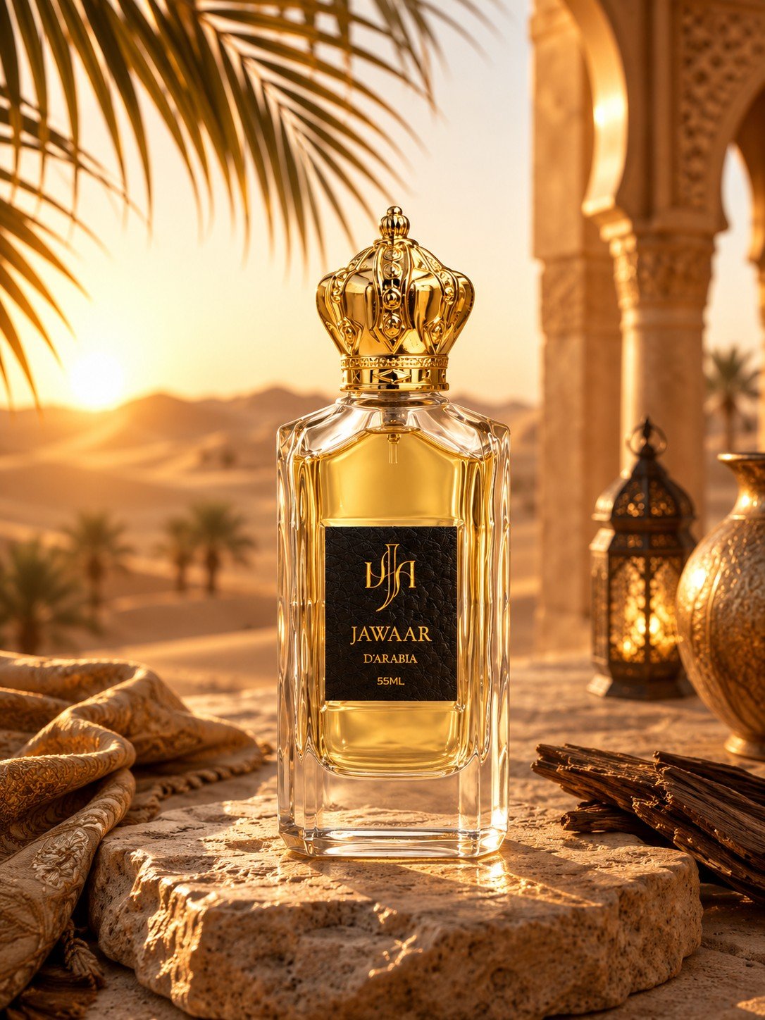 Jawaar d'Arabia bottle in an Arabian desert arch at golden hour