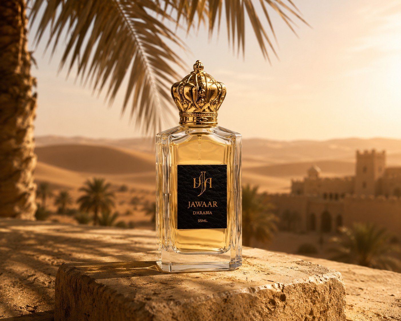 Jawaar d'Arabia bottle on stone wall with desert fortress behind