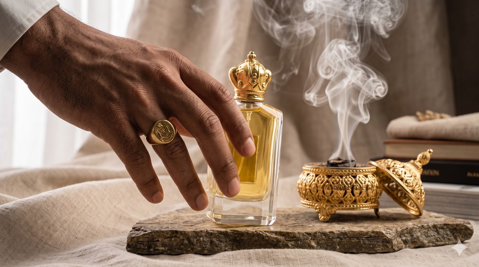A hand with a gold signet ring reaching for the Jawaar d'Arabia bottle