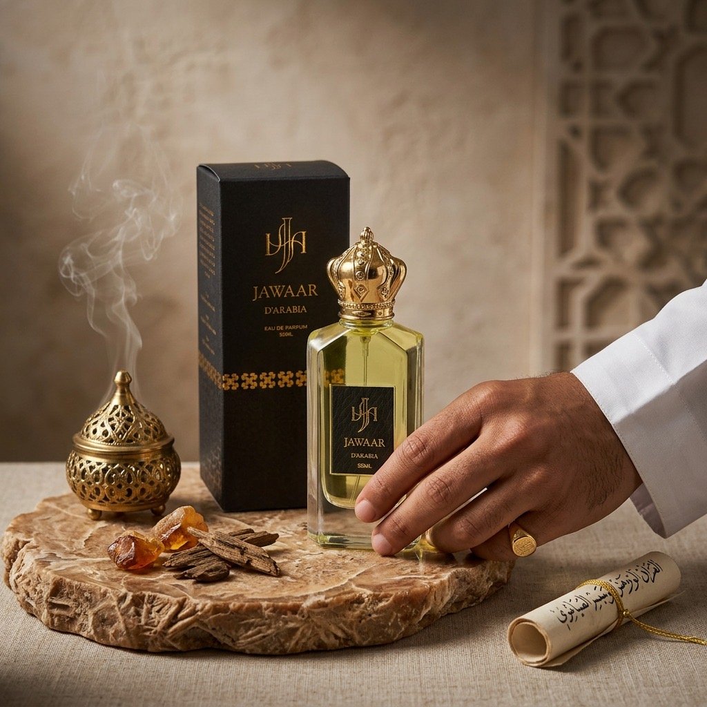 Arabian scroll and oud wood ingredients beside Jawaar d'Arabia
