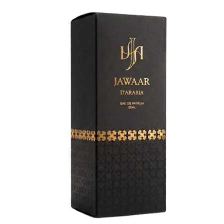 Jawaar d'Arabia luxury packaging box — matte black with gold foil